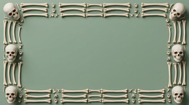 A festive halloween frame made of human skulls and bones arranged on a solid green background for seasonal holiday design
