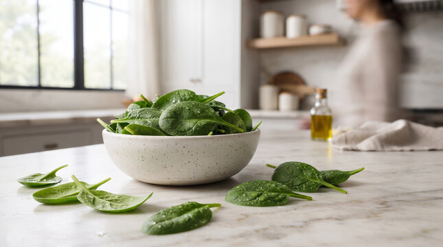 Fresh green spinach leaves in a white bowl on a marble kitchen countertop with a blurred person