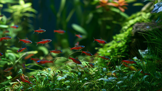 Red fish swimming in green aquarium with plants