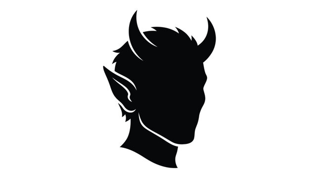 Demon head profile a black silhouette against a white background