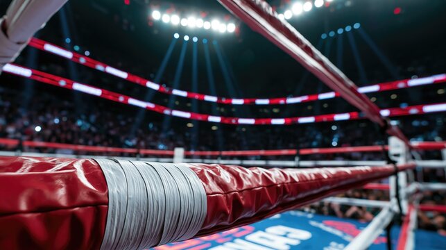 Professional boxing match viewed from ringside corner camera position