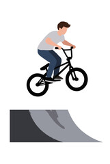 Fototapeta premium Hand-traced vector illustration of a young man performing a mid-air BMX jump over a concrete skatepark ramp, isolated on white background, flat cartoon style