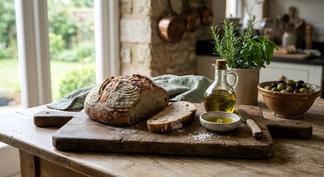 Rustic wooden cutting board with freshly baked sourdough bread loaf and extra virgin olive oil.