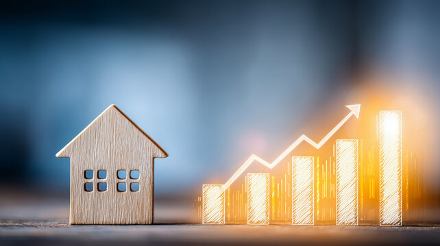 A wooden house beside a rising bar chart and arrow represents real estate market growth property investment and increasing home value.
