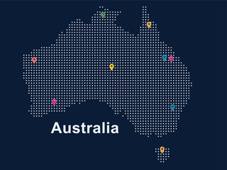 Dotted map of Australia with colorful location pins © Md