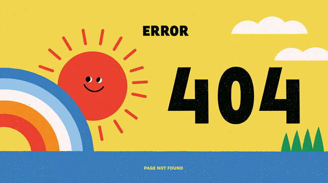 Colorful 404 error page illustration featuring a sun and rainbow.