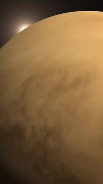 Venus planet atmosphere with sun flare in deep space with galaxy background.