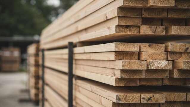 Stacked wooden planks at a lumber yard for construction and building projects.