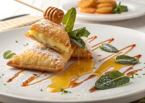 Sardinian Seadas fried cheese pastry with honey drizzle, gourmet presentation