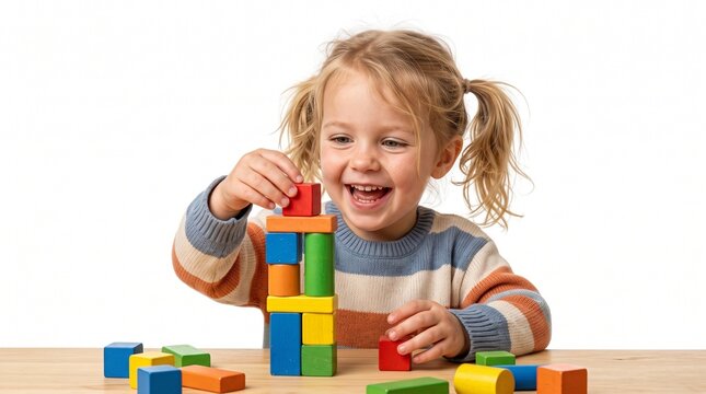 A cute blonde girl with pigtails happily playing with colorful building blocks, constructing a tower on a wooden table