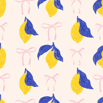 Lemon coquette pattern with pink bow on seamless summer print. Floral lemon motifs and blue leaf in hand drawn Italian fruit pattern. Whimsical coastal vector for textile aop on cream background