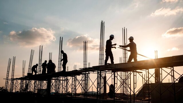 Construction workers silhouettes working on scaffolding at sunset building site project.