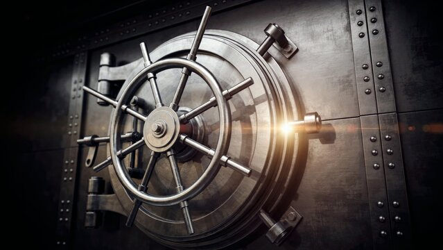 Heavy metal bank vault door with a large locking wheel for high security and asset protection