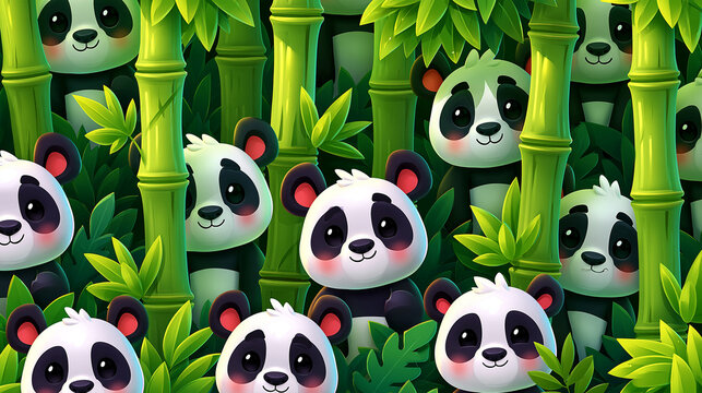 Cute cartoon pandas among vibrant green bamboo and foliage.