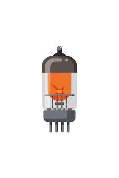 Vintage glowing vacuum tube vector icon illustration of retro electronic glass component with orange luminous filament in classic radio amplifier style for nostalgic technology design