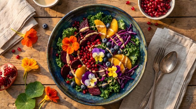 Healthy vibrant vegan salad bowl with beets oranges blueberries and edible flowers on rustic wooden background for wellness content.