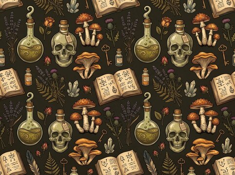 Halloween witchcraft pattern with skulls magic potions and books