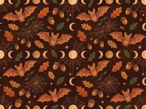 Halloween seamless pattern with bats and moon phases in autumn style