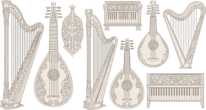 Vintage musical instrument collection, antique harp and mandolin vector set, classical orchestral string and keyboard icons