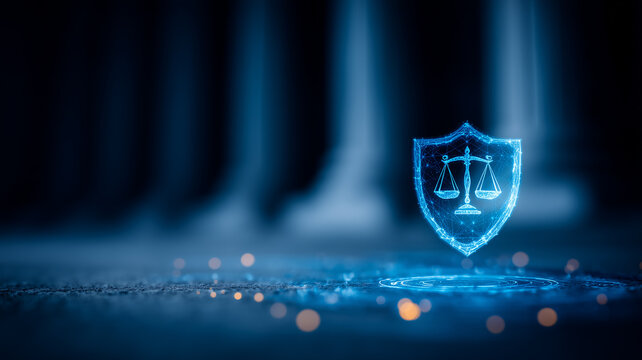 A digital shield with scales of justice represents legal protection and the concept of cybersecurity compliance with digital regulation and governance.
