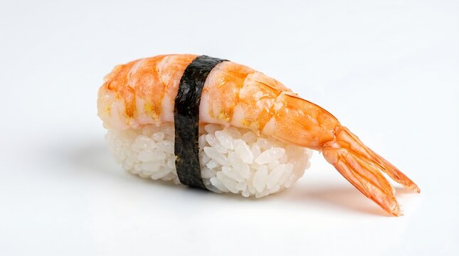 Fresh Ebi Nigiri Sushi with Shrimp and Nori Seaweed on a Clean White Background