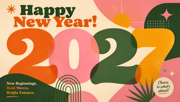 Happy new year 2027 greeting card design with retro typography and colorful abstract shapes yearly calendar future year graphic illustration seasonal event countdown