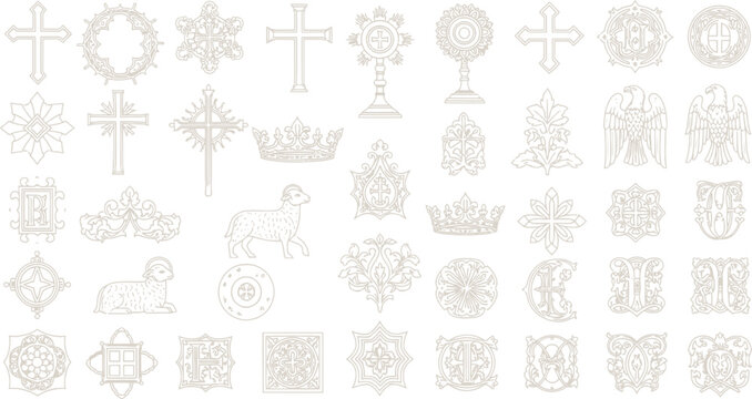Religious Christian icons set, 40 gold line art church symbols, catholic spiritual elements for liturgy and worship design