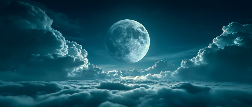 幻想的な青い夜空に浮かぶ巨大な満月と幻想的な積乱雲