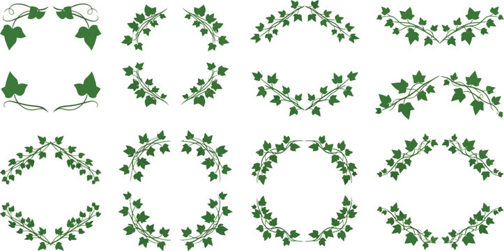 Green ivy leaf frames and borders set, decorative botanical vine wreaths, 8 floral vector elements for wedding invitations and stationery