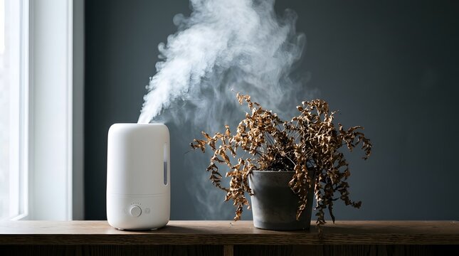 White humidifier blowing steam next to a completely withered potted fern to illustrate failed plant care and inadequate environmental control