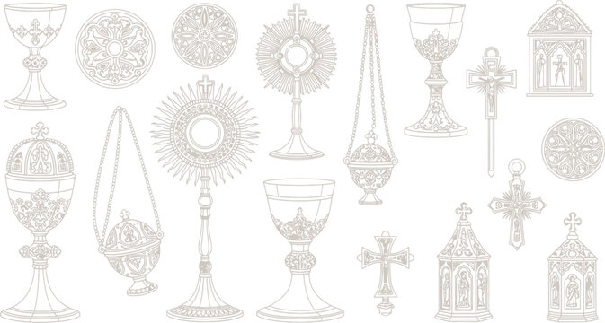 Catholic liturgical icons set, religious church vessels and monstrance vectors, sacred christian ritual objects line art