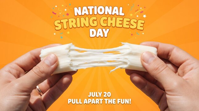 Hands pulling apart a piece of string cheese on an orange background for national string cheese day
