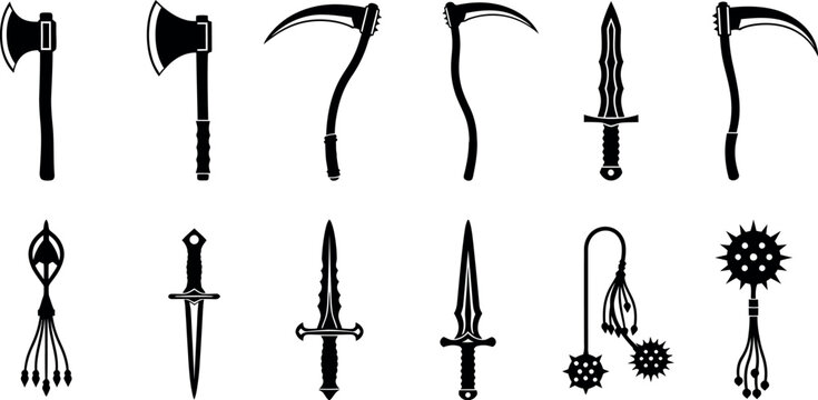 Medieval weapon silhouettes set, 12 black fantasy armory icons, ancient battle gear for gaming and heraldry, vector cold steel tools