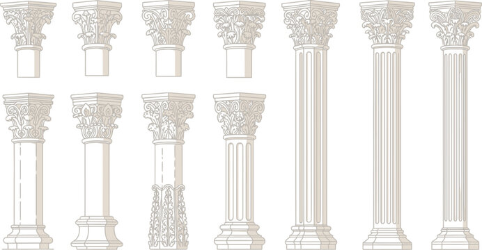 Classical Greek architectural columns set, antique Roman marble pillars vector, 11 decorative corinthian stone column elements