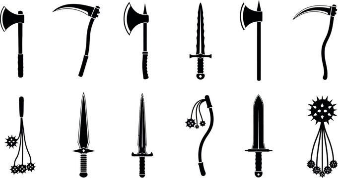 Medieval weapon silhouettes, set of 12 ancient battle icons. Black steel blade and axe vector graphics for gaming and history.