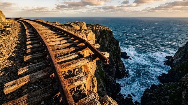 Rusted railway tracks ending abruptly at a steep ocean cliff edge illustrating a dramatic transition and reaching the limits of a familiar path