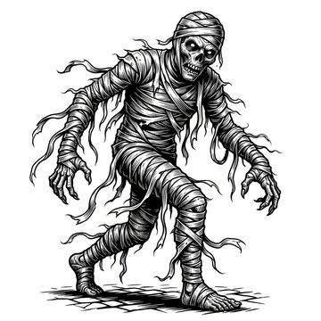 Creepy mummy monster covered in tattered bandages walking forward in a frightening Halloween horror scene, rendered as a detailed black-and-white scratchboard engraving-style vector illustration.