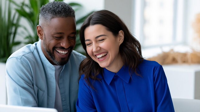 Smiling African American man and Caucasian woman engaged in conversation while looking at a laptop in a bright, modern office space with greenery in the background