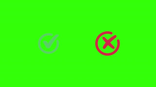 Animated pop-up of tick and cross icon. Video footage of yes or no, true or false isolated on green background, chroma key