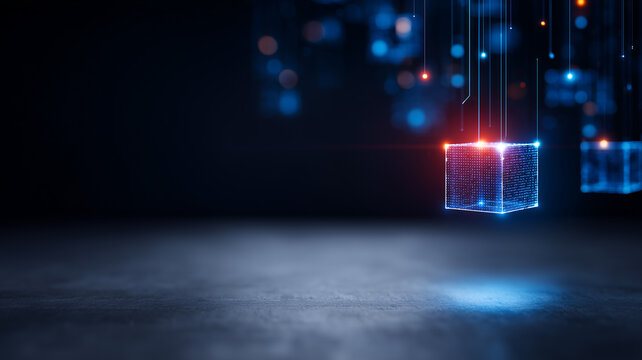 Digital data cubes connected through vertical lines represent blockchain technology and decentralized information exchange across modern network infrastructure.
