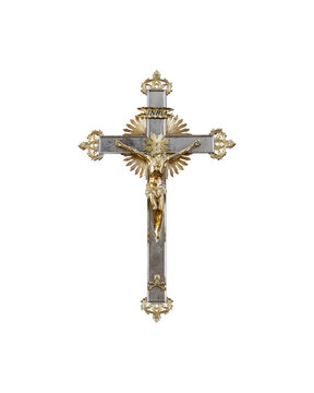 Ornate Silver and Gold Crucifix with Jesus Christ Isolated PNG, Catholic cross with INRI plaque and radiant details for Christian religious designs