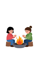 Fototapeta premium Two children warming hands by a fire pit, cozy hand-traced vector illustration of friendship and warmth, perfect for camp and winter storytelling icons