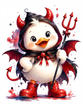 Cute Fantasy Duck Character in Little Devil Costume Graphic Element