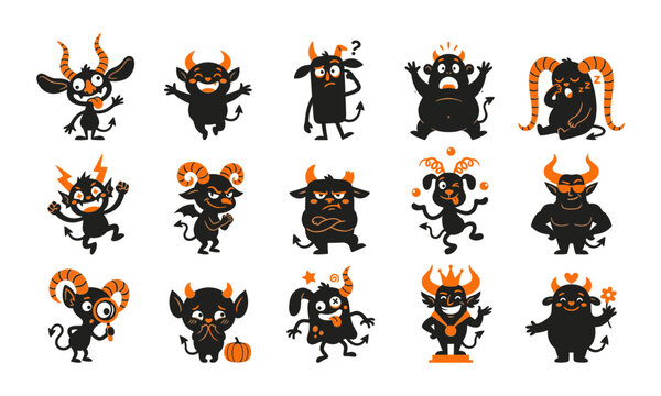 Set of cute cartoon devil characters with various emotions and poses for halloween design