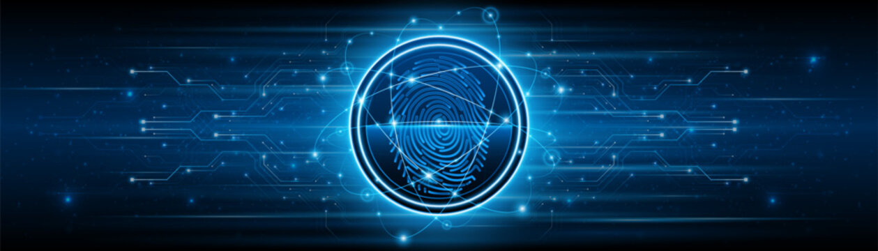 Cybersecurity concept. Futuristic biometric fingerprint scanner on blue circuit board background. Digital identity verification and data protection technology for secure network access.
