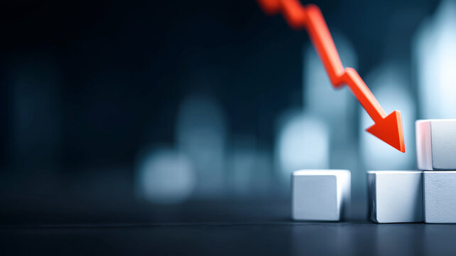 A descending arrow over stacked blocks represents economic decline and falling business performance during a financial downturn.

