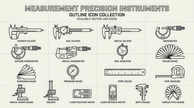 Measurement precision instruments outline icon collection containing vernier caliper, dial caliper, digital caliper, micrometer, dial indicator, feeler gauge, steel ruler, and laser distance meter