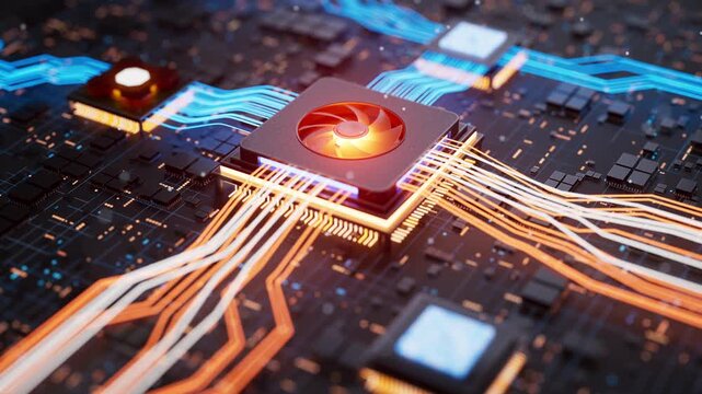 Looped 3D render of an advanced processor with a cooling fan, luminous blue and orange circuit paths, and digital data flowing over a futuristic electronic motherboard background for data visuals.