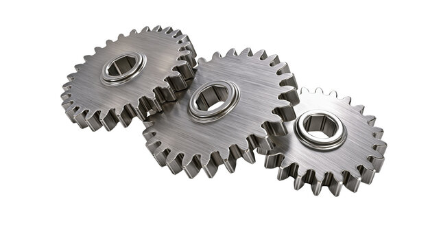 Three interlocking brushed stainless steel mechanical gears