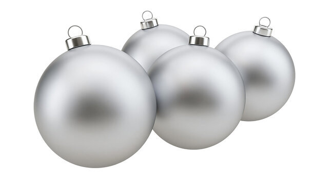 Four matte silver Christmas baubles with metallic caps